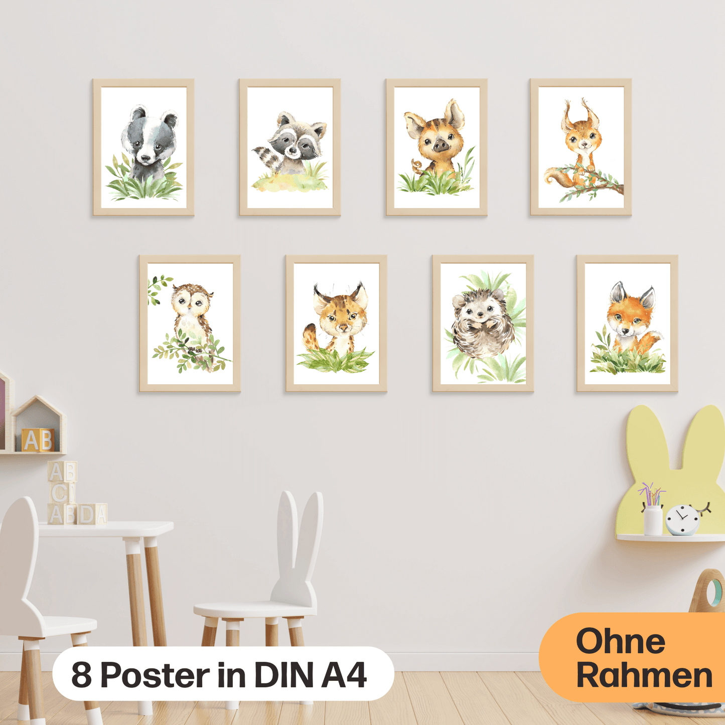 8er Poster-Set Waldtiere Kinderzimmer I Babyzimmer Deko I Eichhörnchen, Igel, Eule, Luchs etc. mit Flora