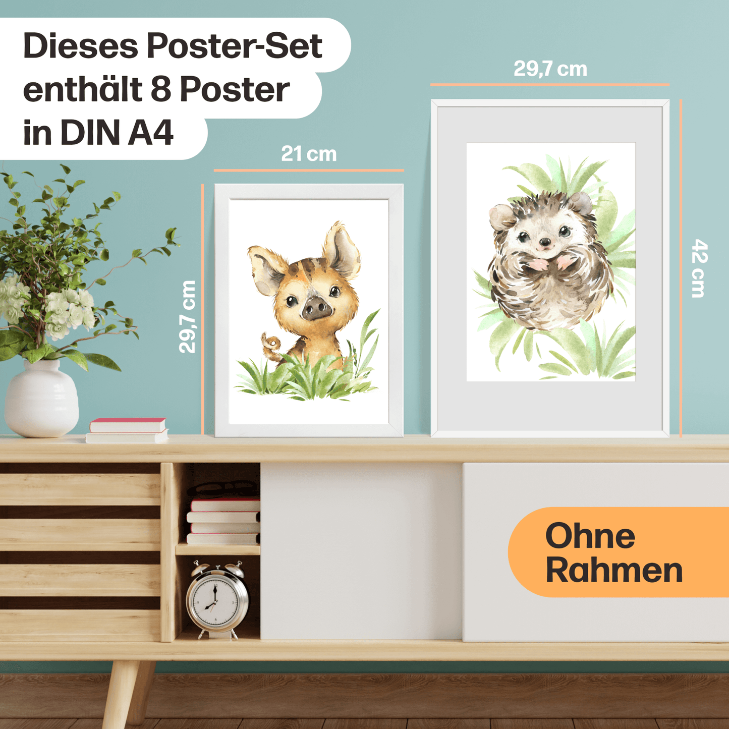 8er Poster-Set Waldtiere Kinderzimmer I Babyzimmer Deko I Eichhörnchen, Igel, Eule, Luchs etc. mit Flora