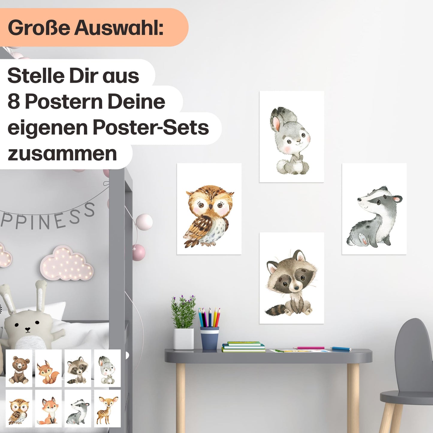 8er Poster Set Waldtiere • Süße Baby Fuchs, Hase, Eule Kinderposter • DIN A4 • CreativeRobin