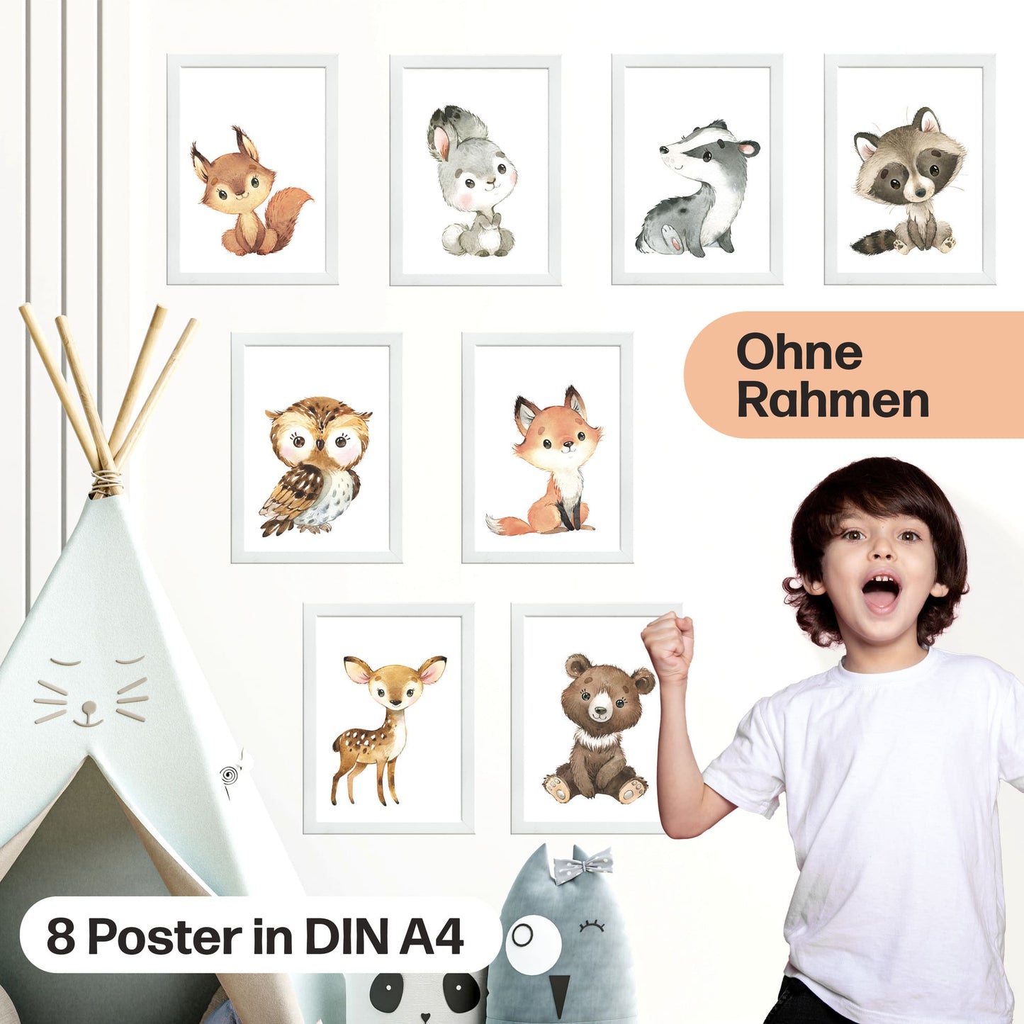 8er Poster Set Waldtiere • Süße Baby Fuchs, Hase, Eule Kinderposter • DIN A4 • CreativeRobin