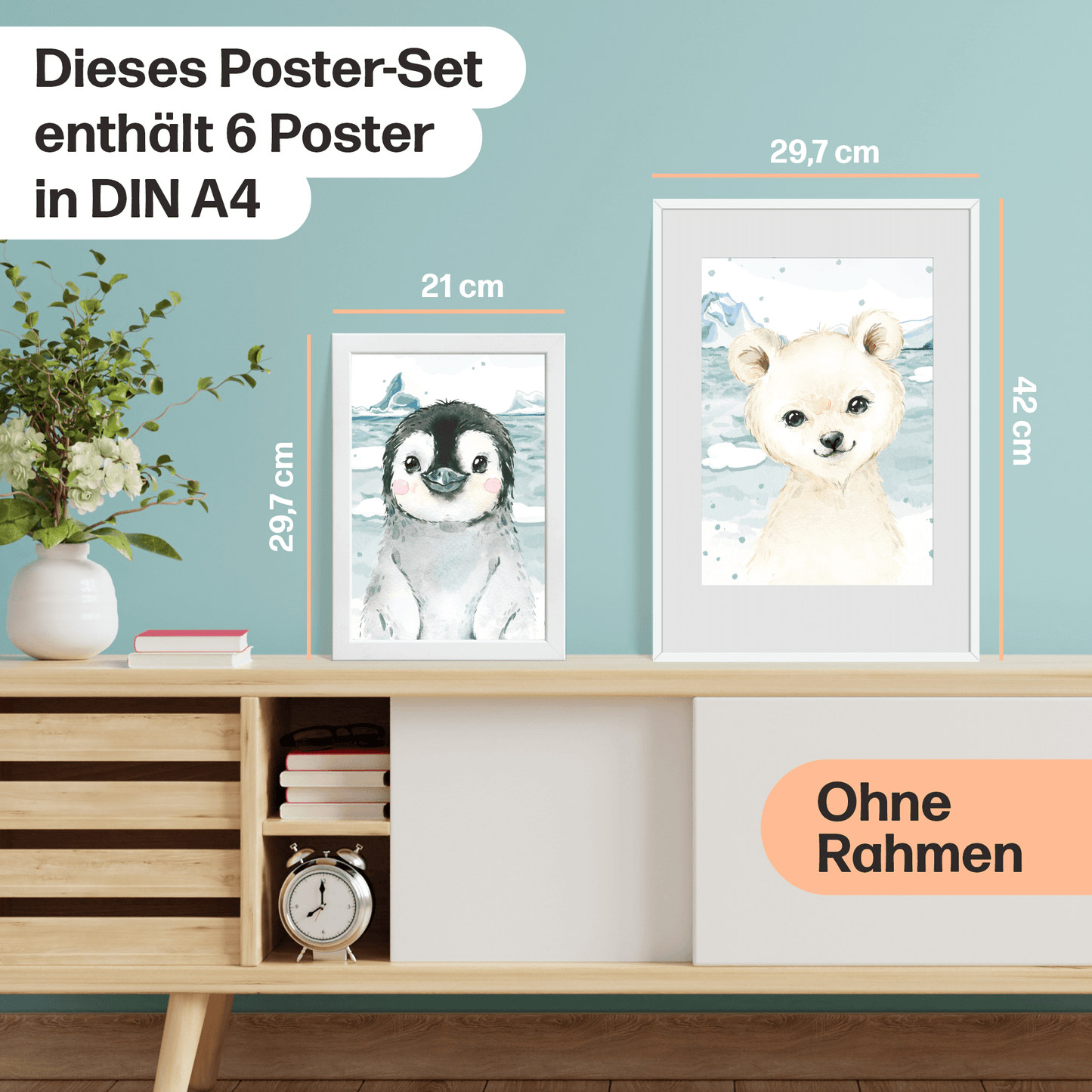 6er Poster-Set fürs Kinderzimmer mit Nordischen Tieren der Arktis | Schöne Babyzimmer Deko