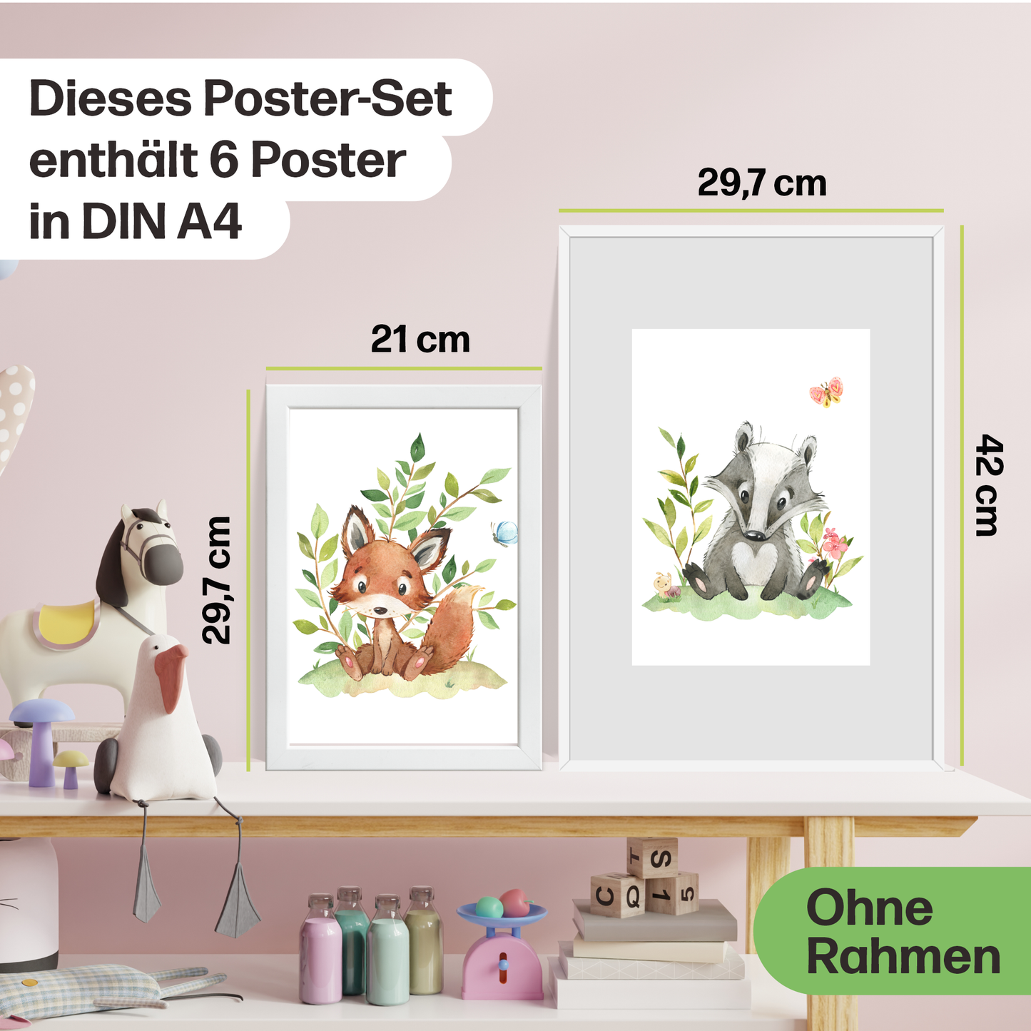 Süßes 6er Waldtier Poster-Set fürs Kinderzimmer I Schöne Babyzimmer Deko mit Bär, Fuchs, Igel und co.