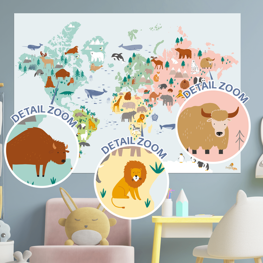 Weltkarte mit süßen Tiermotiven für Kinderzimmer, Kindergarten & Grundschule | A1 Größe