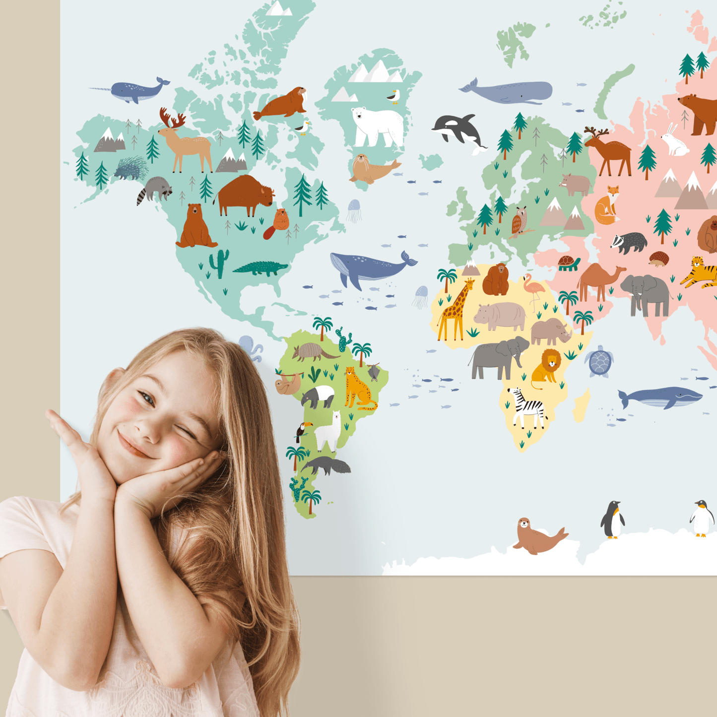 Weltkarte mit süßen Tiermotiven für Kinderzimmer, Kindergarten & Grundschule | A1 Größe