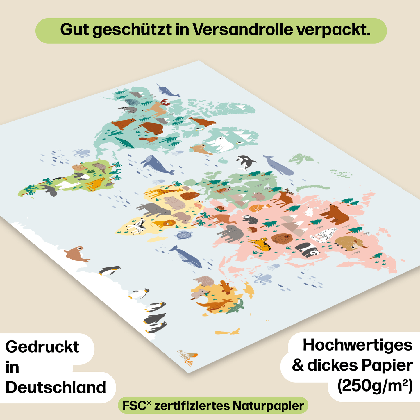 Weltkarte mit süßen Tiermotiven für Kinderzimmer, Kindergarten & Grundschule | A1 Größe
