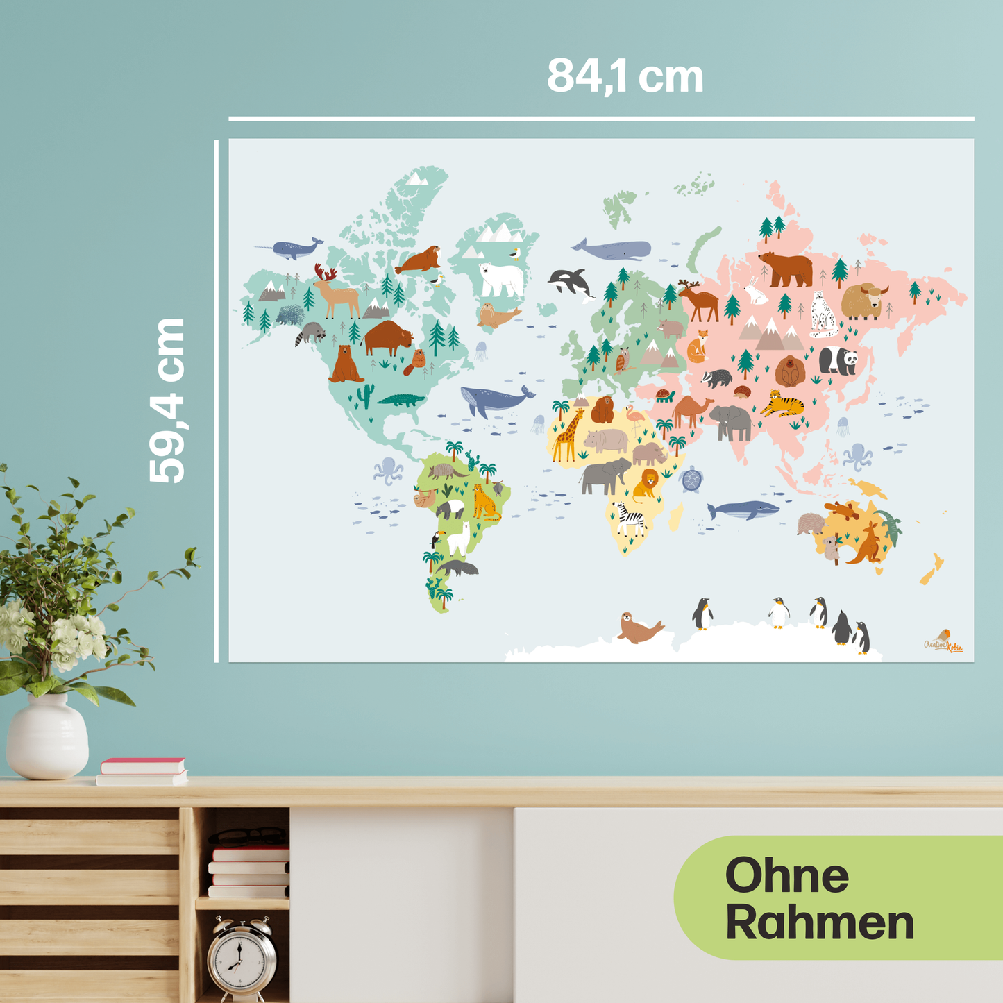 Weltkarte mit süßen Tiermotiven für Kinderzimmer, Kindergarten & Grundschule | A1 Größe