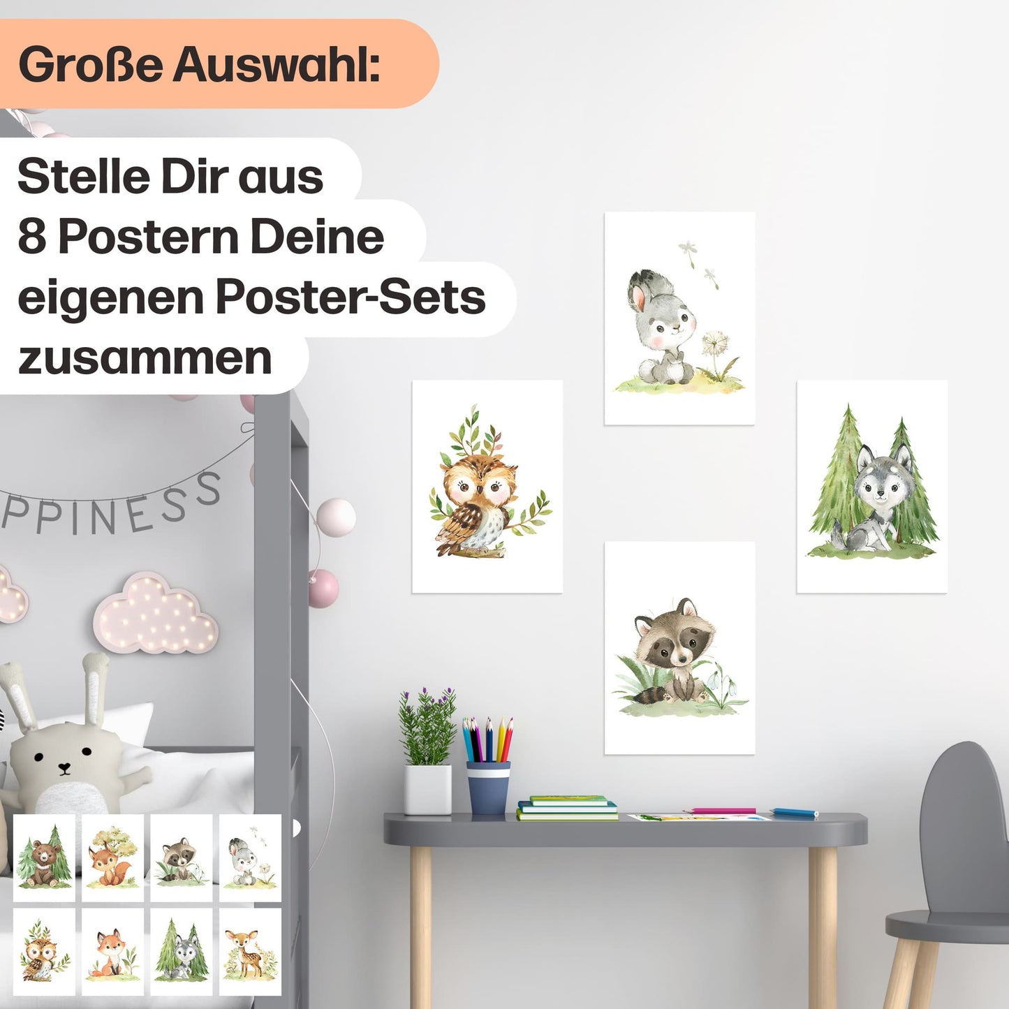 8er Poster Set Baby Waldtiere mit Flora • DIN A4 • CreativeRobin