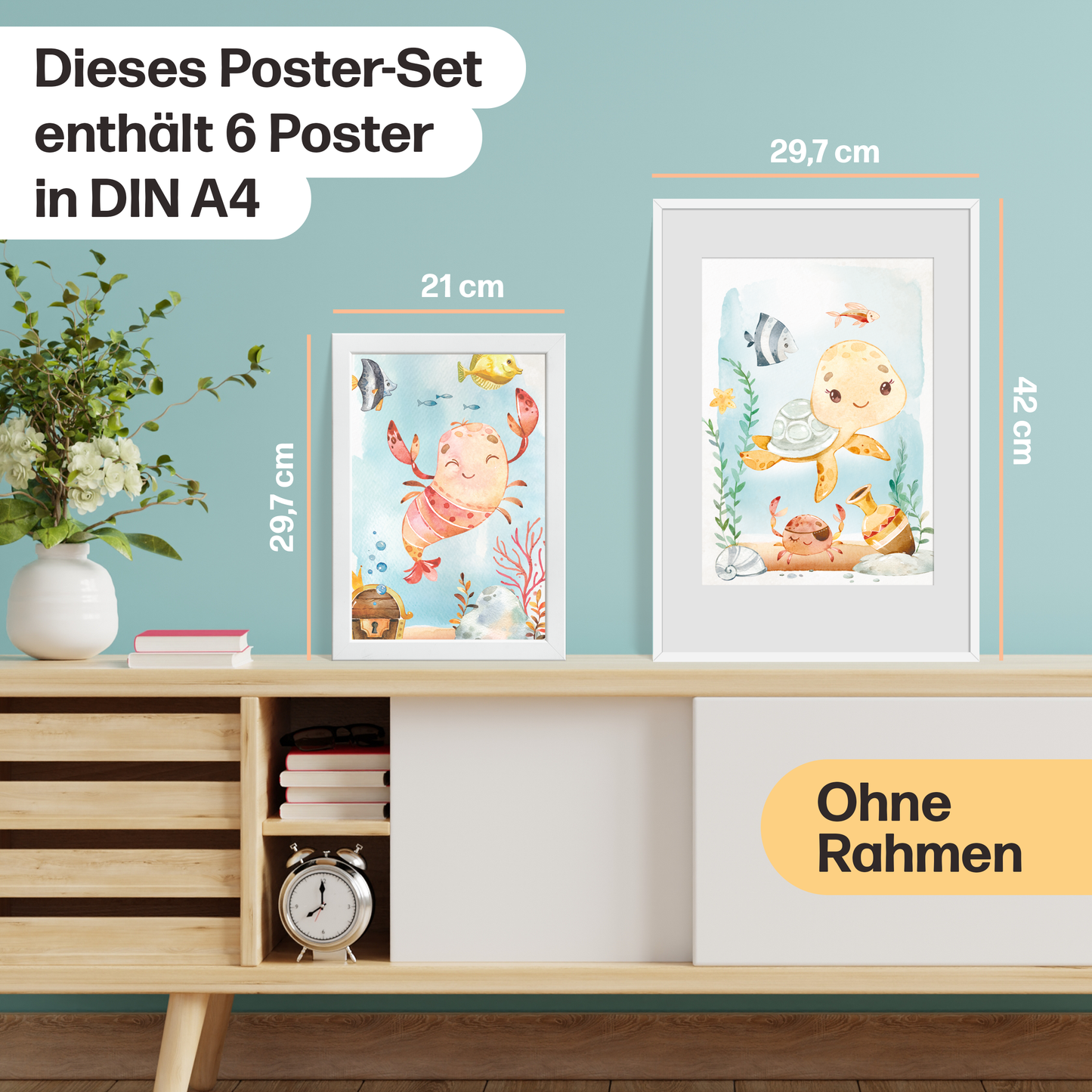 Meerestiere Poster-Set fürs Babyzimmer I Schildkröte, Wal, Seepferdchen & co. als schöne Kinderzimmer Deko I ohne Rahmen