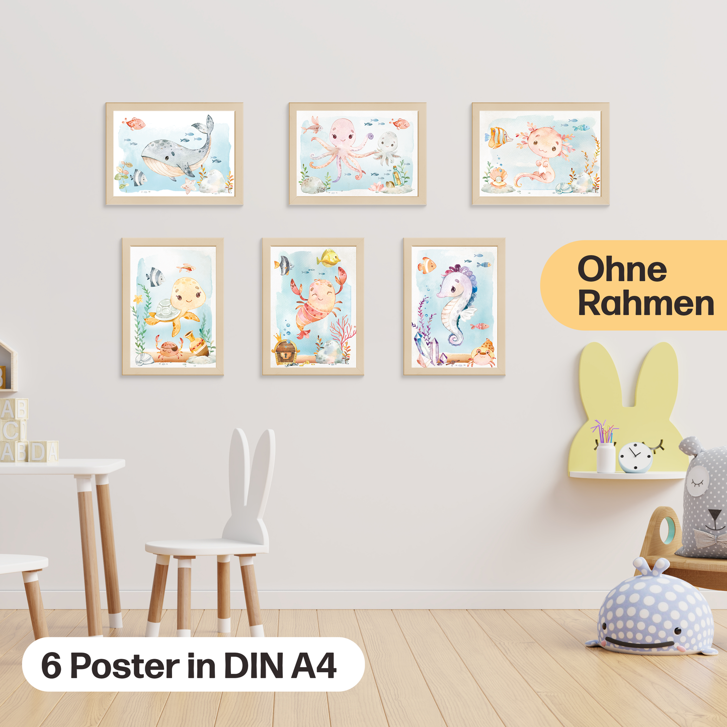 Meerestiere Poster-Set fürs Babyzimmer I Schildkröte, Wal, Seepferdchen & co. als schöne Kinderzimmer Deko I ohne Rahmen