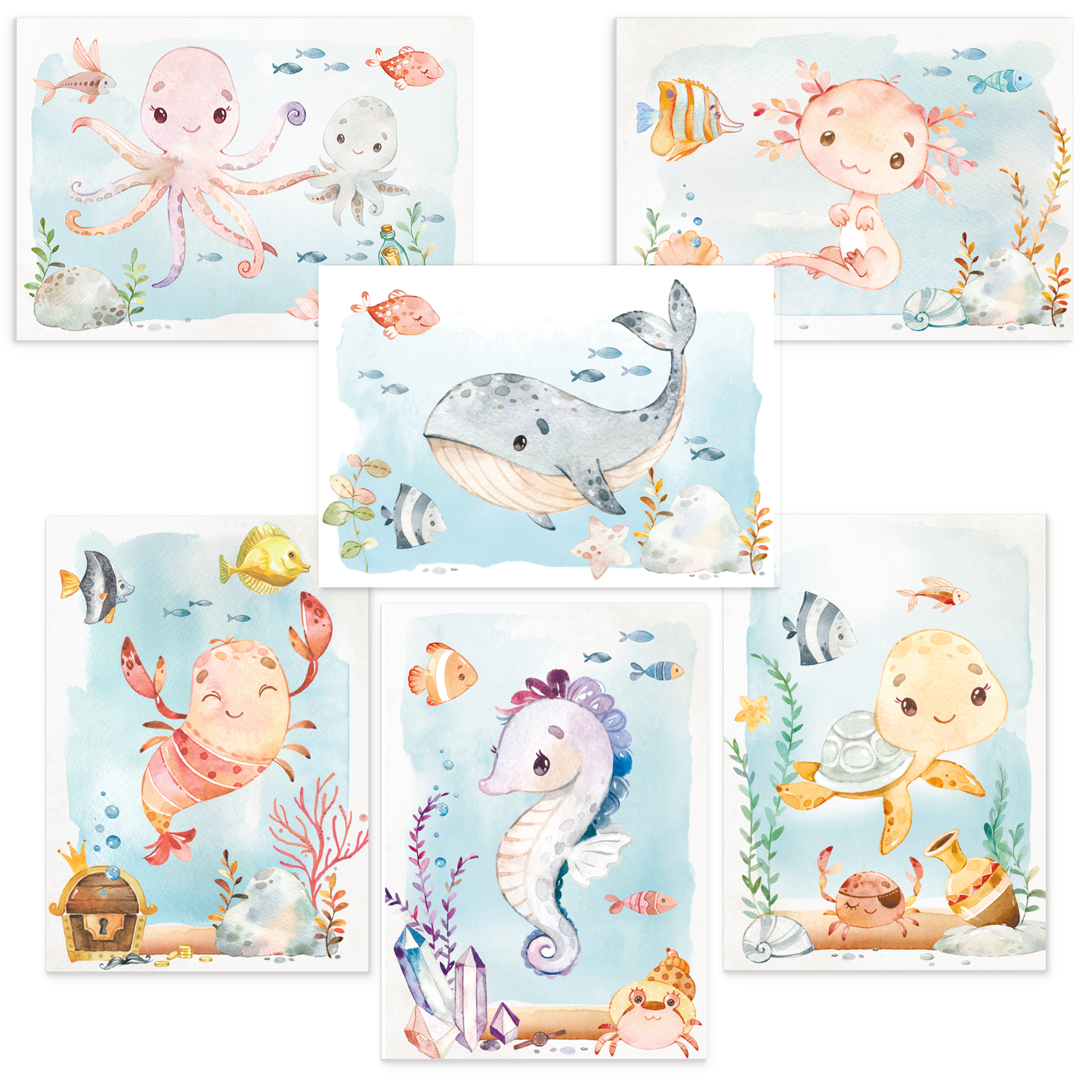 Meerestiere Poster-Set fürs Babyzimmer I Schildkröte, Wal, Seepferdchen & co. als schöne Kinderzimmer Deko I ohne Rahmen