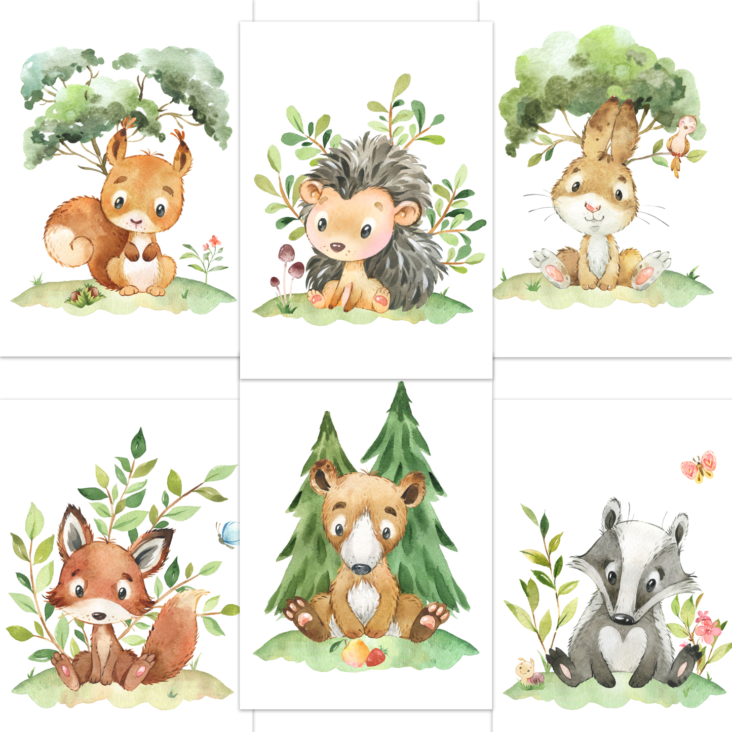 Süßes 6er Waldtier Poster-Set fürs Kinderzimmer I Schöne Babyzimmer Deko mit Bär, Fuchs, Igel und co.