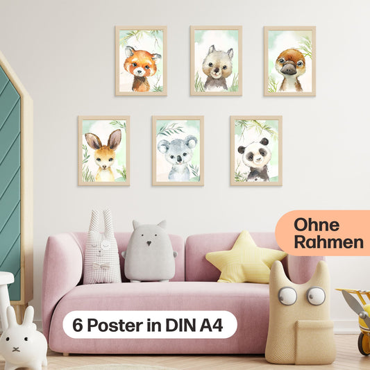 6er Poster Set Australischer Baby Tiere und Pandabären • DIN A4