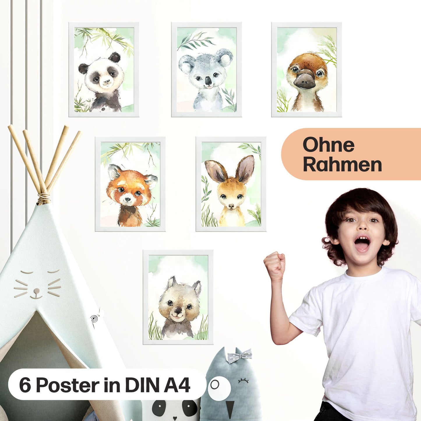 6er Poster Set Australischer Baby Tiere und Pandabären • DIN A4