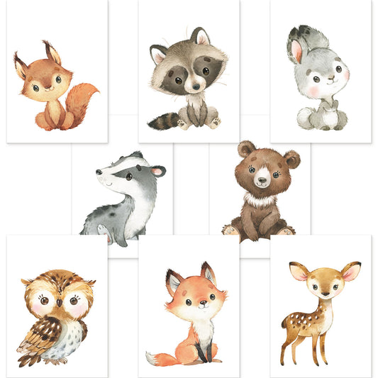 8er Poster Set Waldtiere • Süße Baby Fuchs, Hase, Eule Kinderposter • DIN A4 • CreativeRobin