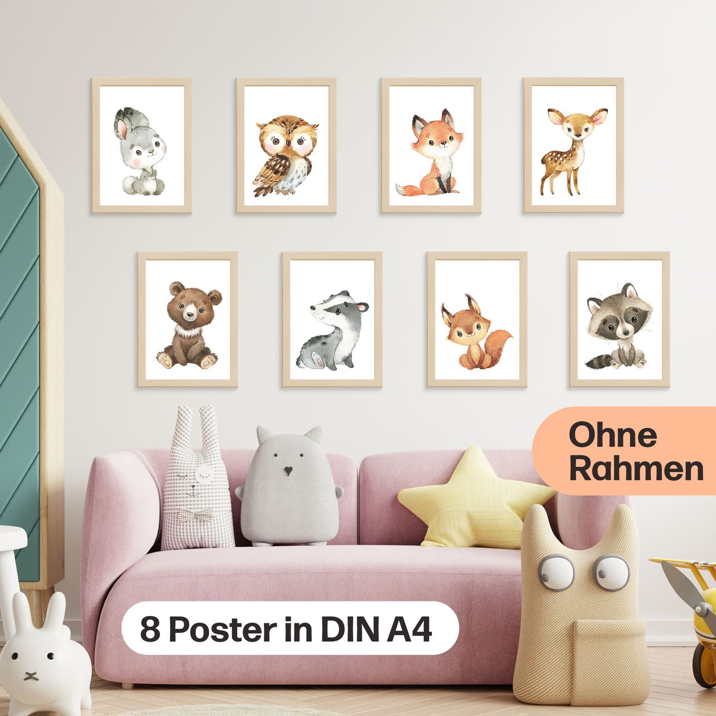 8er Poster Set Waldtiere • Süße Baby Fuchs, Hase, Eule Kinderposter • DIN A4 • CreativeRobin