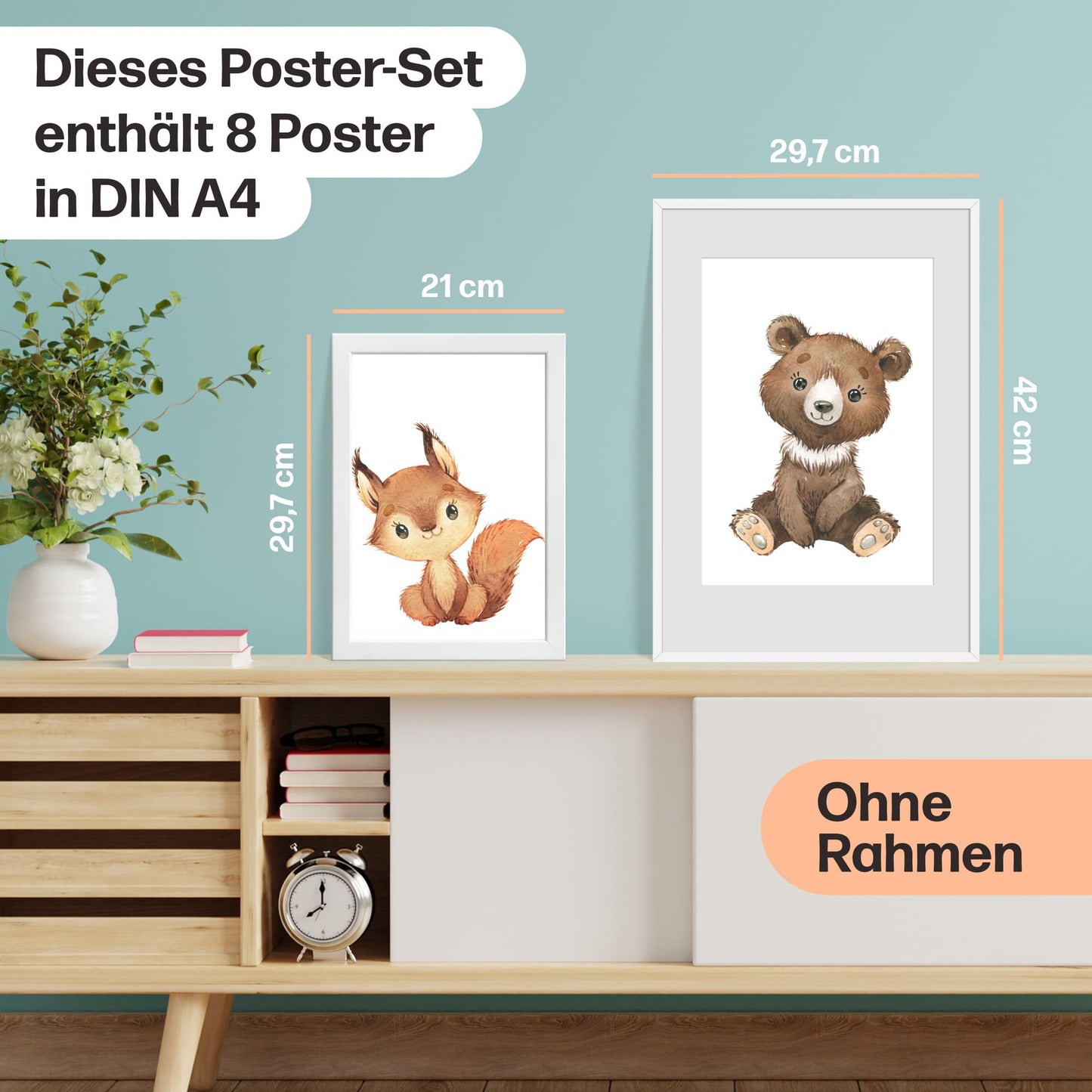 8er Poster Set Waldtiere • Süße Baby Fuchs, Hase, Eule Kinderposter • DIN A4 • CreativeRobin