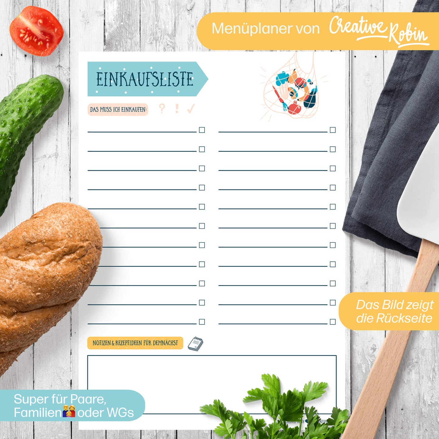 Menüplaner mit Einkaufsliste • Essensplaner Block A5 mit 50 Blatt • CreativeRobin
