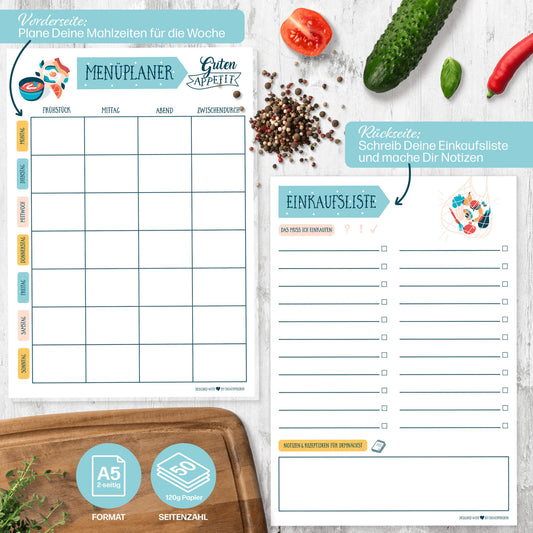 Menüplaner mit Einkaufsliste • Essensplaner Block A5 mit 50 Blatt • CreativeRobin
