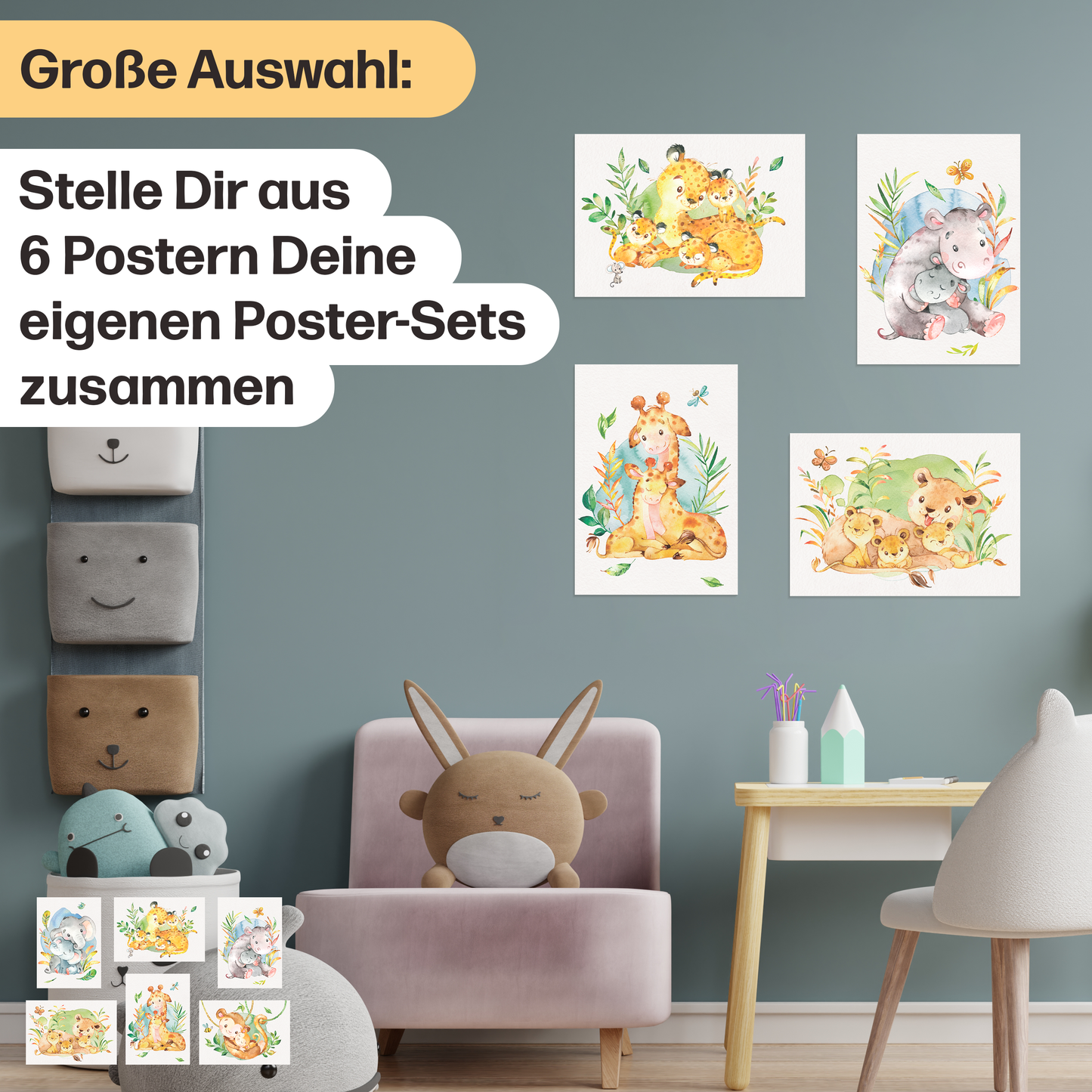 6er Poster-Set von Tieren Afrikas mit Mutter & Baby I Babyzimmer Deko