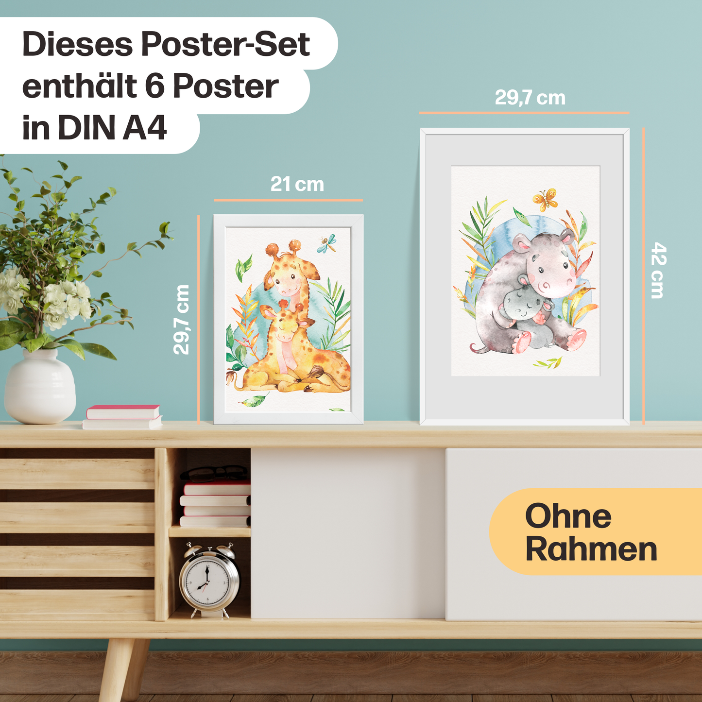 6er Poster-Set von Tieren Afrikas mit Mutter & Baby I Babyzimmer Deko