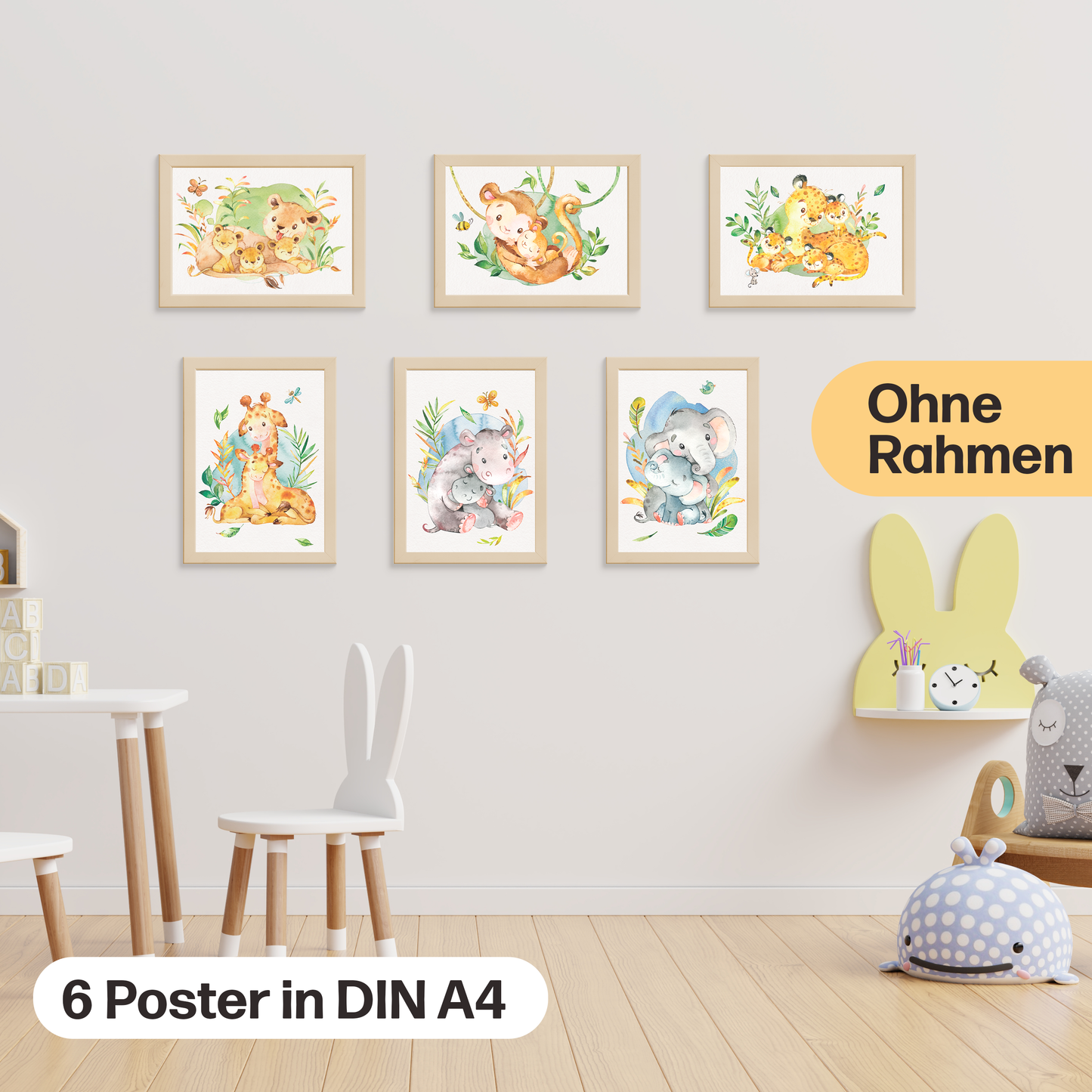 6er Poster-Set von Tieren Afrikas mit Mutter & Baby I Babyzimmer Deko