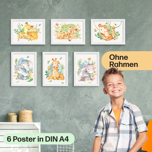 6er Poster-Set von Tieren Afrikas mit Mutter & Baby I Babyzimmer Deko