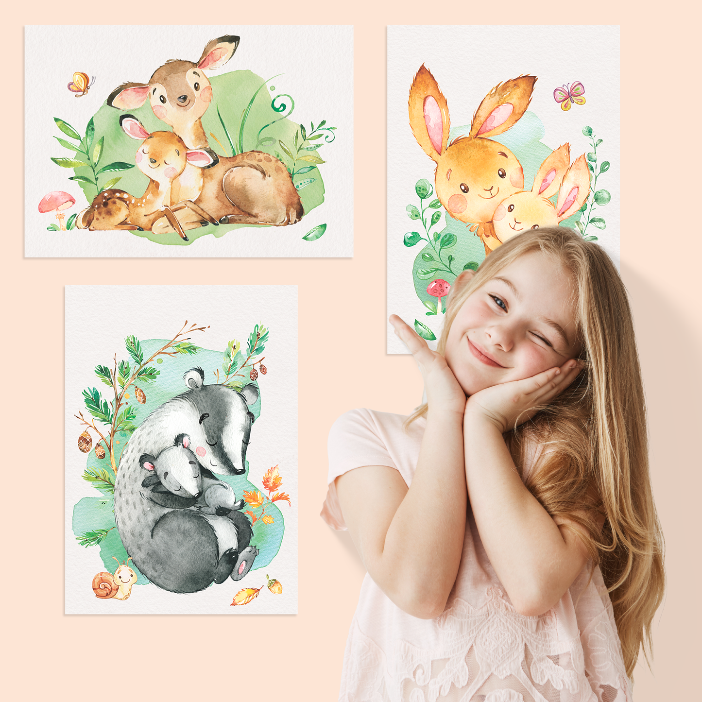 Mutter & Baby Waldtier Poster-Set fürs Kinderzimmer I Babyzimmer Deko