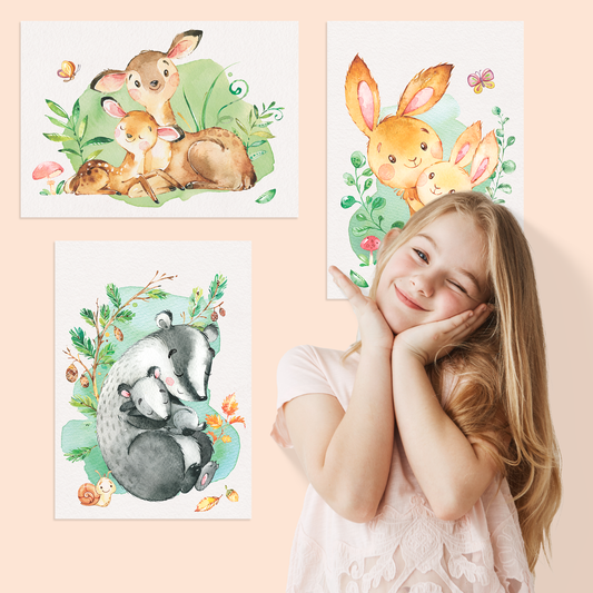 Mutter & Baby Waldtier Poster-Set fürs Kinderzimmer I Babyzimmer Deko