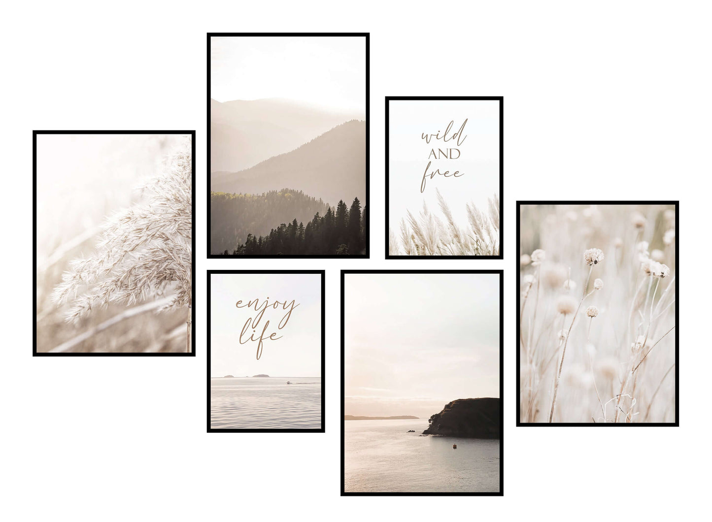 » Strand, Pampasgras & Sprüche « Poster Set als Wohnzimmer Deko | 4x A3 + 2x A4 Wandbilder Collage | ohne Rahmen