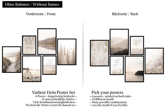 » Strand, Pampasgras & Sprüche « Poster Set als Wohnzimmer Deko | 4x A3 + 2x A4 Wandbilder Collage | ohne Rahmen