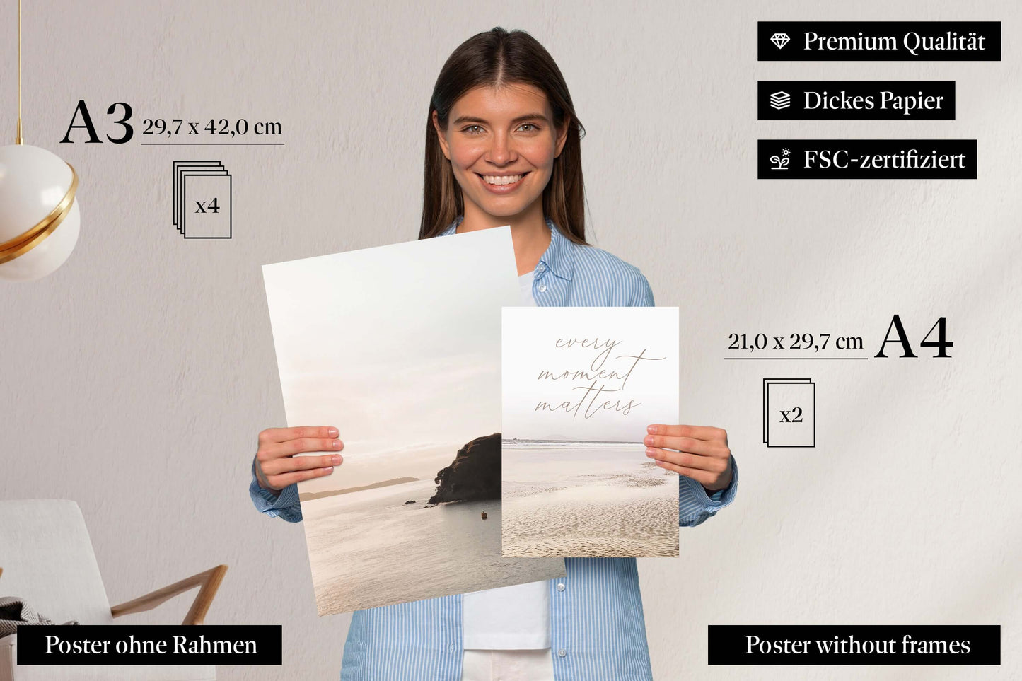 » Strand, Pampasgras & Sprüche « Poster Set als Wohnzimmer Deko | 4x A3 + 2x A4 Wandbilder Collage | ohne Rahmen