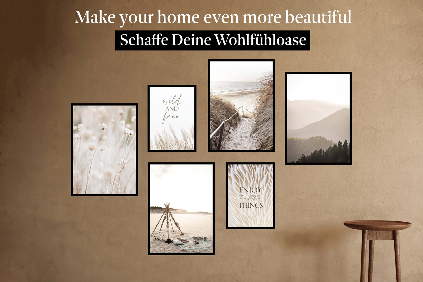 » Strand, Pampasgras & Sprüche « Poster Set als Wohnzimmer Deko | 4x A3 + 2x A4 Wandbilder Collage | ohne Rahmen