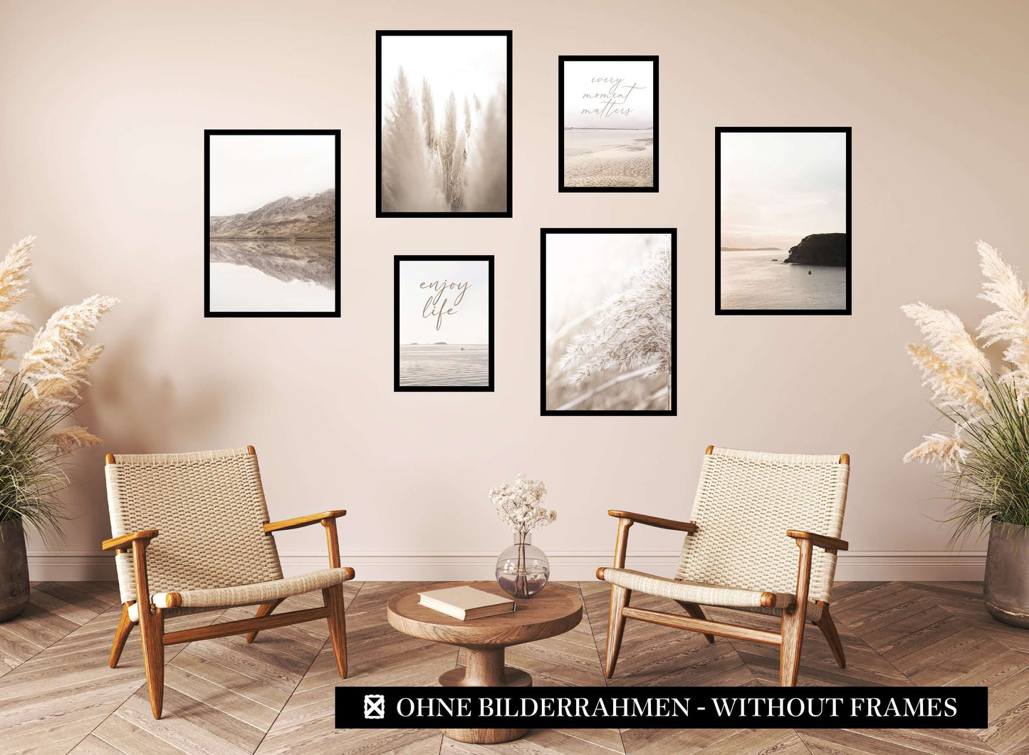 » Strand, Pampasgras & Sprüche « Poster Set als Wohnzimmer Deko | 4x A3 + 2x A4 Wandbilder Collage | ohne Rahmen