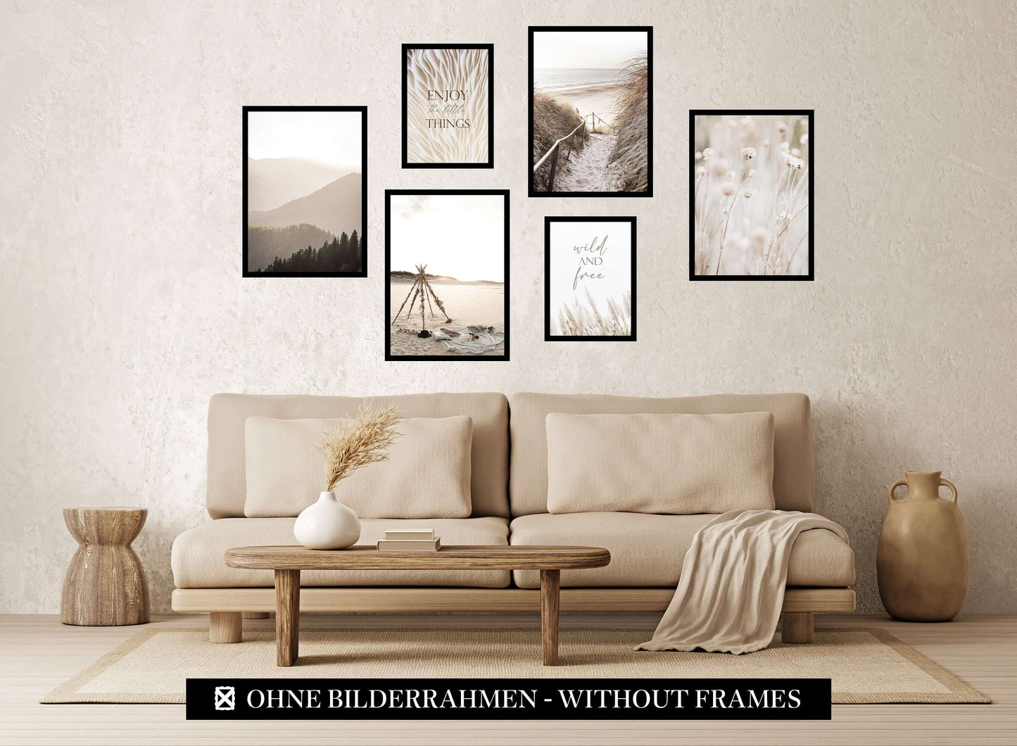 » Strand, Pampasgras & Sprüche « Poster Set als Wohnzimmer Deko | 4x A3 + 2x A4 Wandbilder Collage | ohne Rahmen