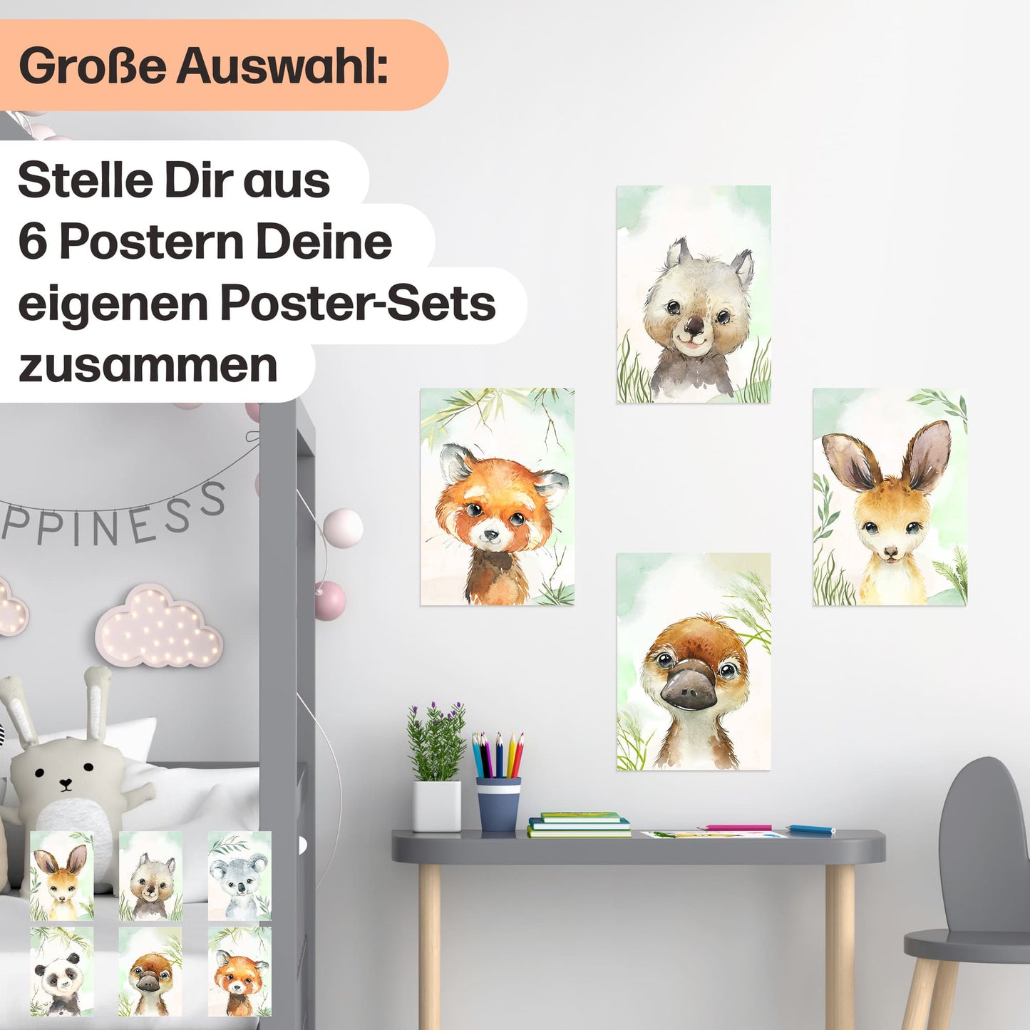 6er Poster Set Australischer Baby Tiere und Pandabären • DIN A4