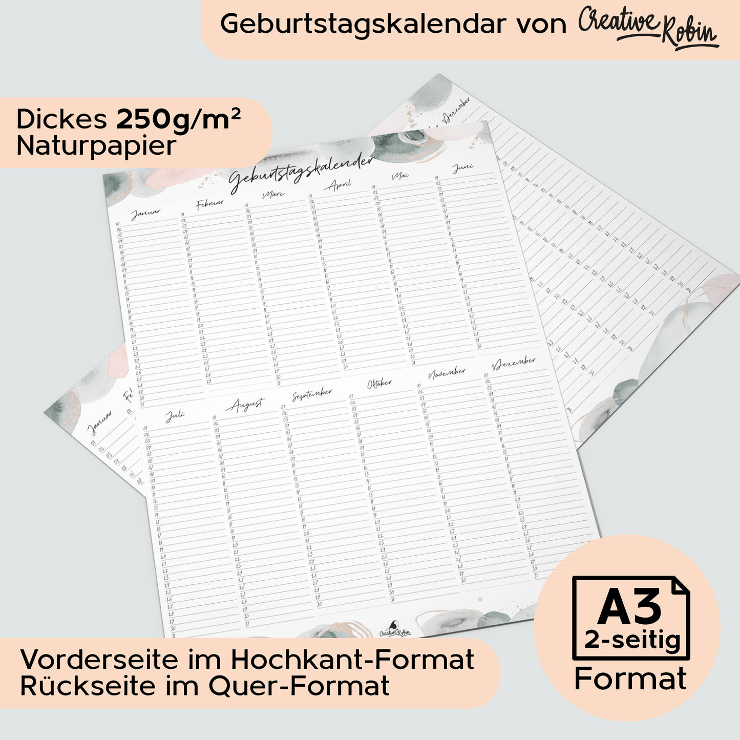Geburtstagskalender immerwährend skandinavischer Wasserfarben Stil I Jahresunabhängiger Wandkalender I DIN A3 & A2 Dauerkalender