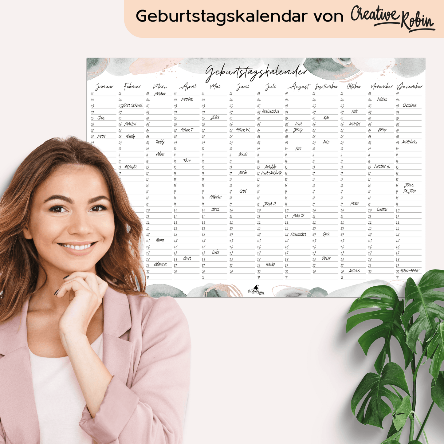 Geburtstagskalender immerwährend skandinavischer Wasserfarben Stil I Jahresunabhängiger Wandkalender I DIN A3 & A2 Dauerkalender