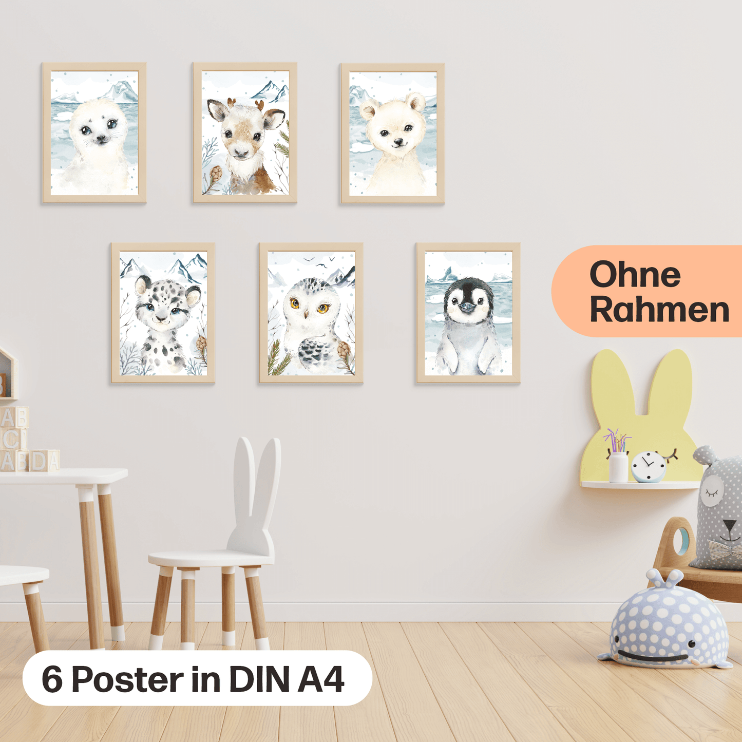 6er Poster-Set fürs Kinderzimmer mit Nordischen Tieren der Arktis | Schöne Babyzimmer Deko