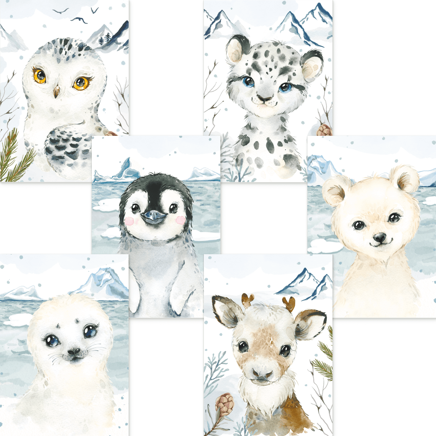 6er Poster-Set fürs Kinderzimmer mit Nordischen Tieren der Arktis | Schöne Babyzimmer Deko