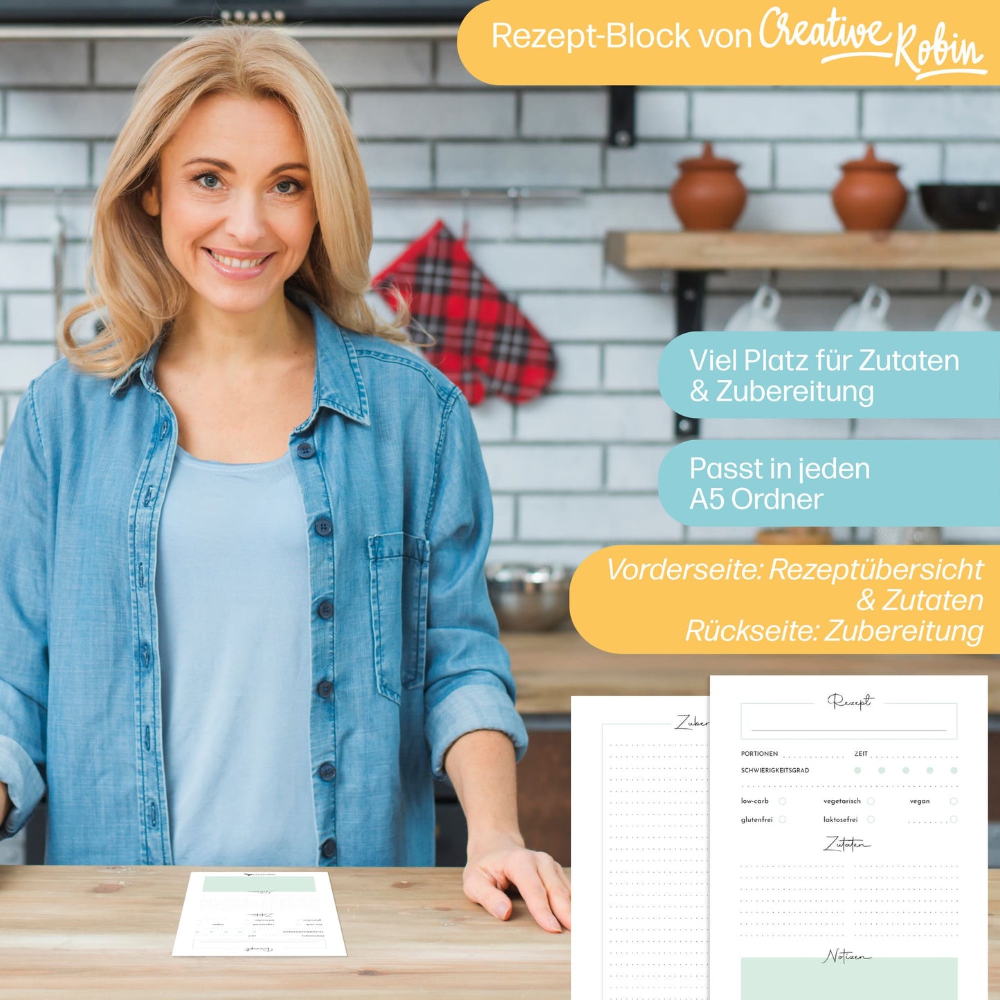 Rezeptblock A5 minzgrßn mit 50 Rezeptblättern ⢠Mit Vorder- und Rßckseite ⢠CreativeRobin