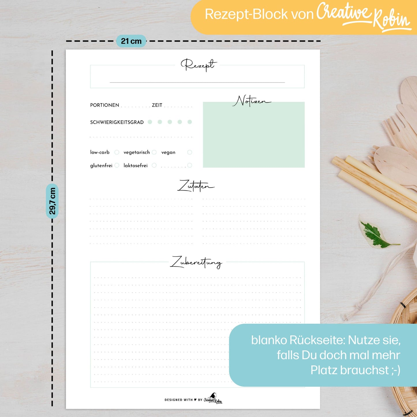Rezeptblock A4 minzgrün mit 50 Rezept-Blättern • CreativeRobin