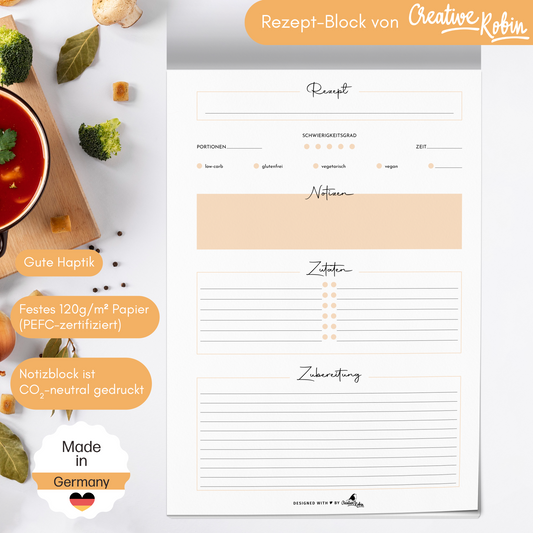 Rezeptblock orange mit 50 Rezept-Blättern | DIN A4