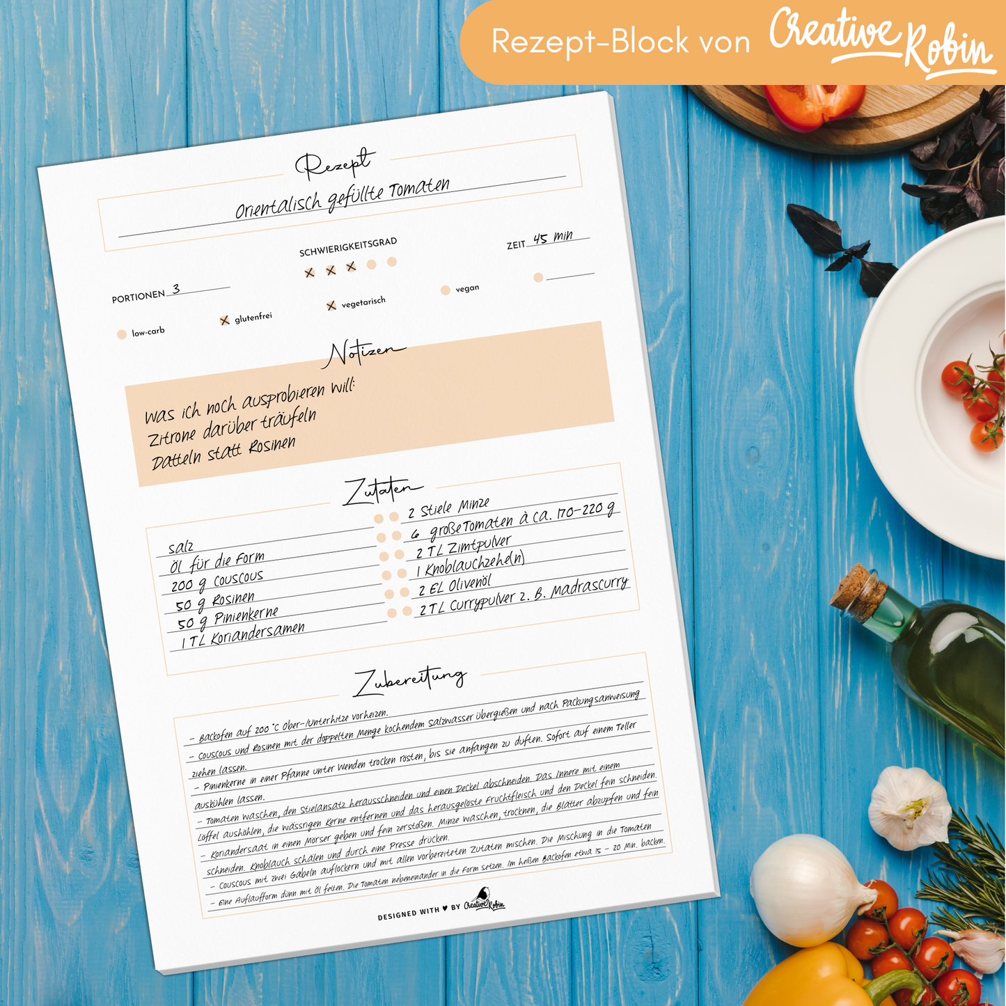 Rezeptblock orange mit 50 Rezept-Blättern | DIN A4