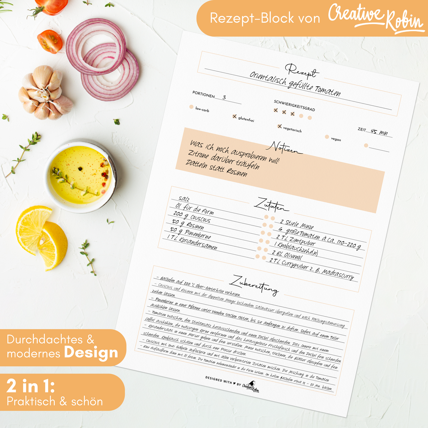 Rezeptblock orange mit 50 Rezept-Blättern | DIN A4