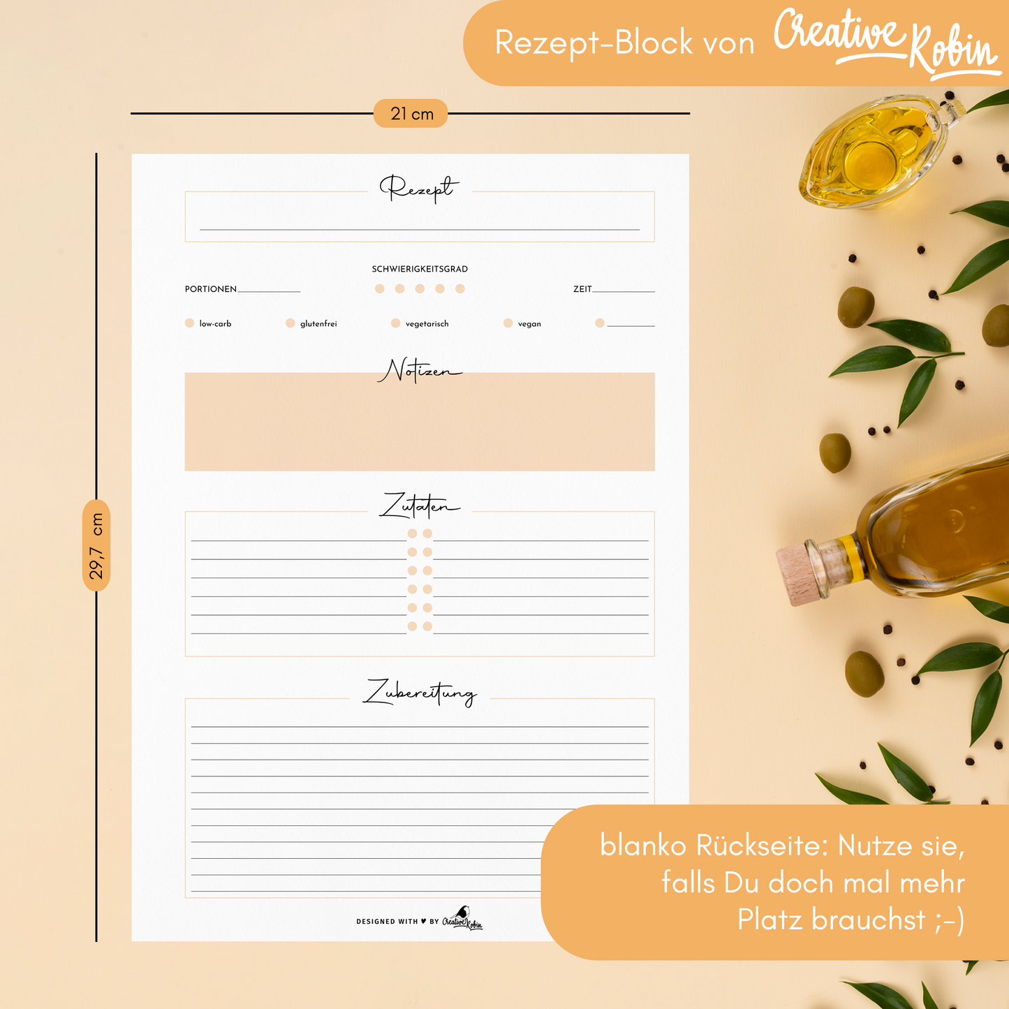 Rezeptblock orange mit 50 Rezept-Blättern | DIN A4