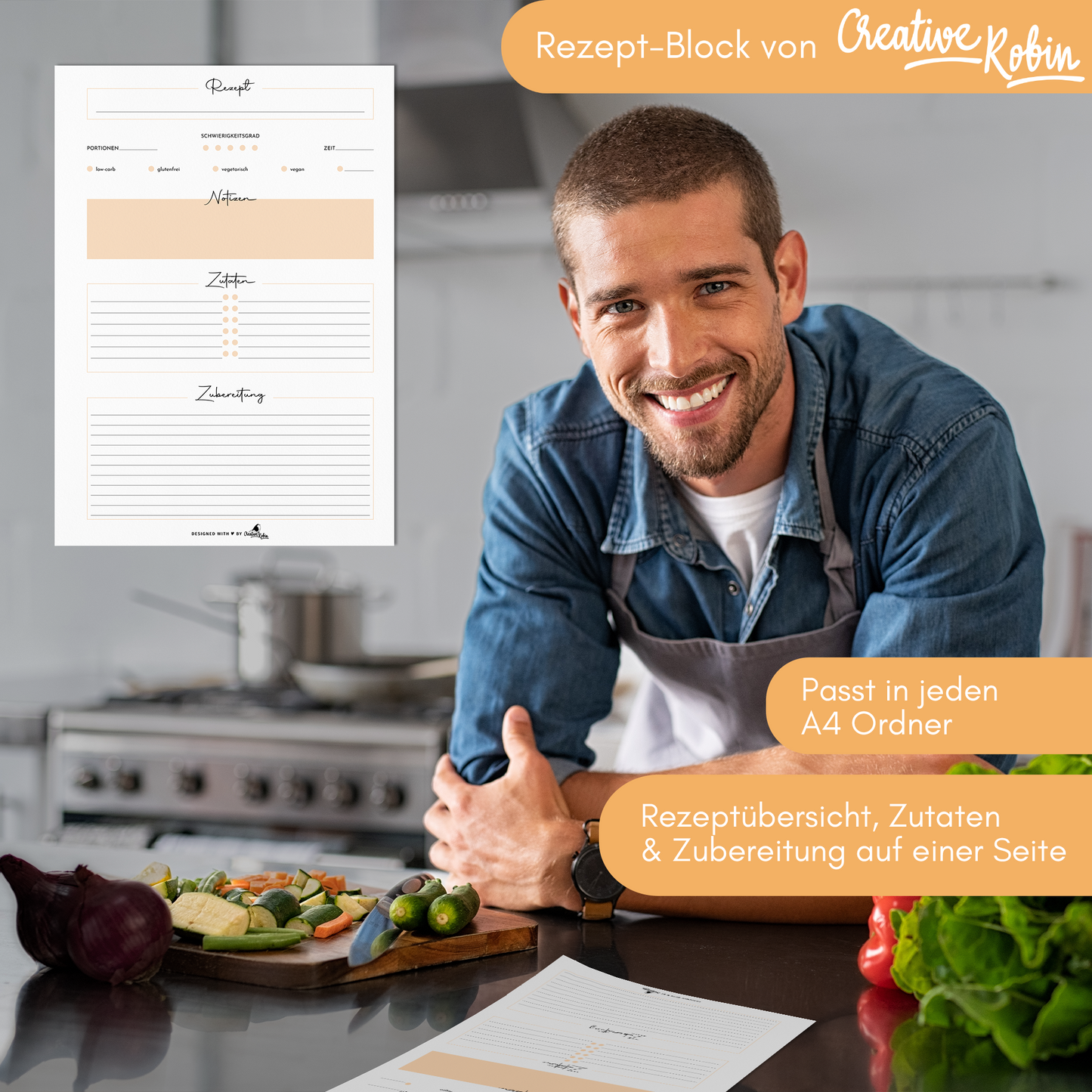 Rezeptblock orange mit 50 Rezept-Blättern | DIN A4