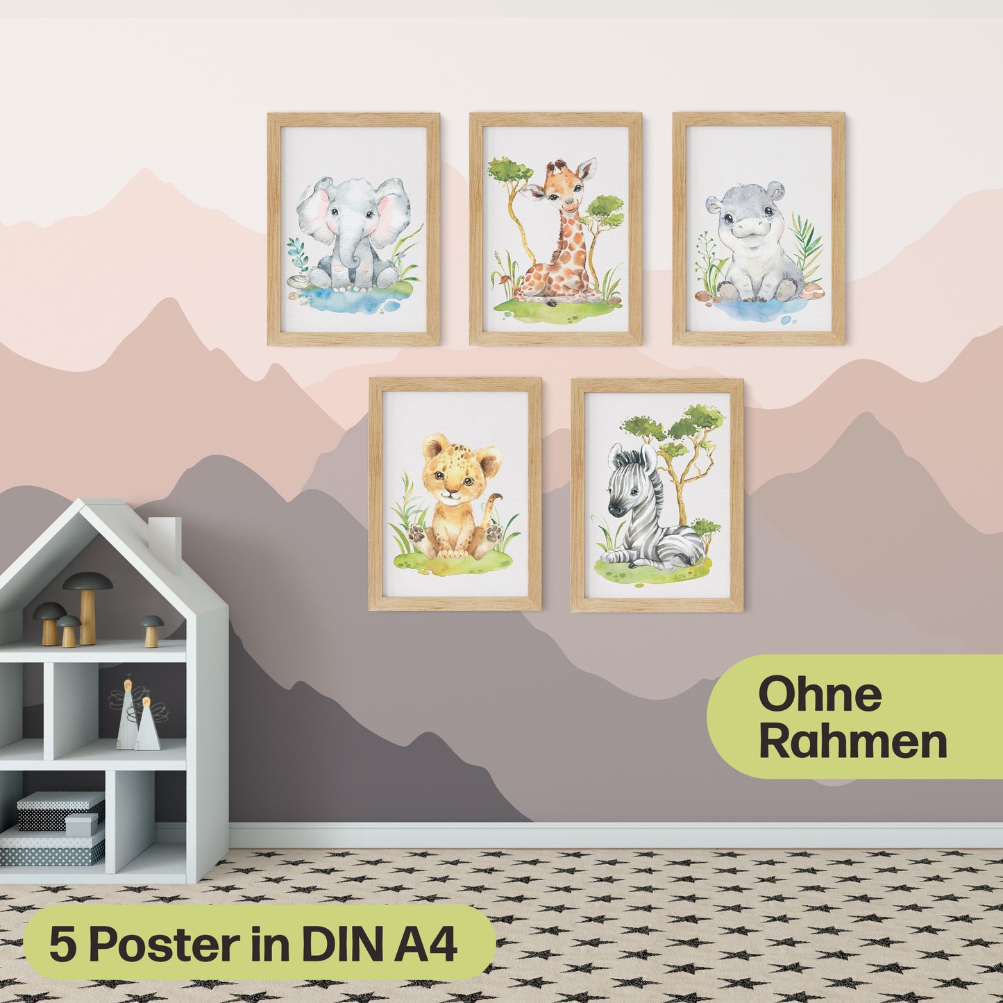 5er Poster-Set fürs Kinderzimmer I Tiere Afrikas I Süße Babyzimmer Deko