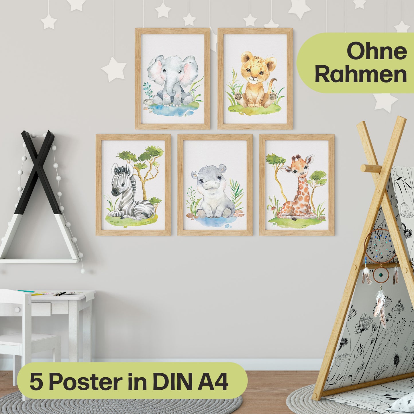 5er Poster-Set fürs Kinderzimmer I Tiere Afrikas I Süße Babyzimmer Deko