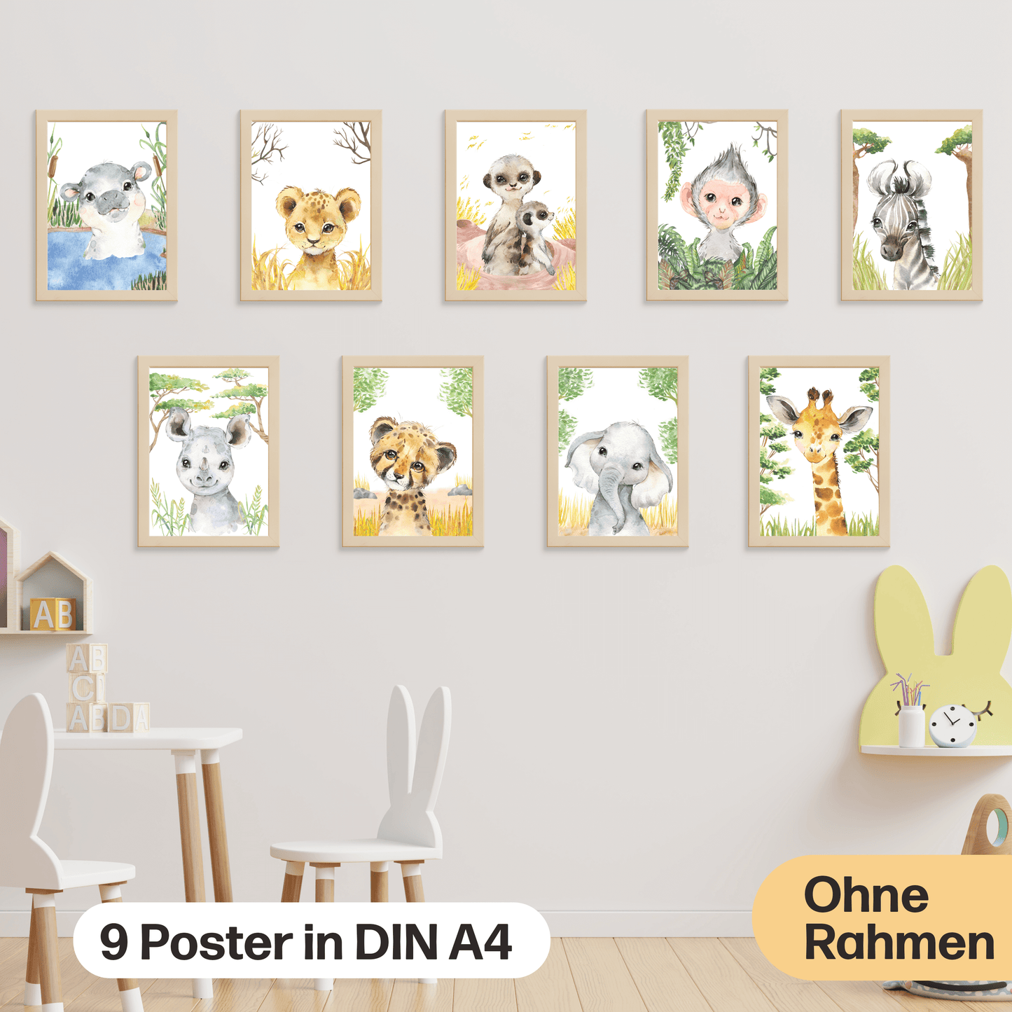 9er Poster Set mit Tieren Afrikas fürs Kinderzimmer I Löwe, Giraffe, Affe, Zebra uvm. als süße Babyzimmer Deko I ohne Rahmen I CreativeRobin