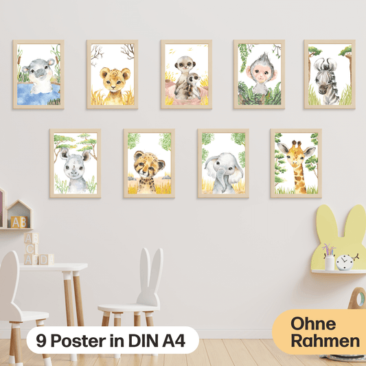 9er Poster Set mit Tieren Afrikas fürs Kinderzimmer I Löwe, Giraffe, Affe, Zebra uvm. als süße Babyzimmer Deko I ohne Rahmen I CreativeRobin